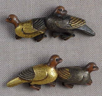 Pair 19c Japanese sword MENUKI PIGEONS: Pair of early 19th century menuki - Japanese sword fittings - each depicting a pair of pigeons in different attitudes. Superb design, excellent casting and detailing, beautiful patina. Length 1 3/16