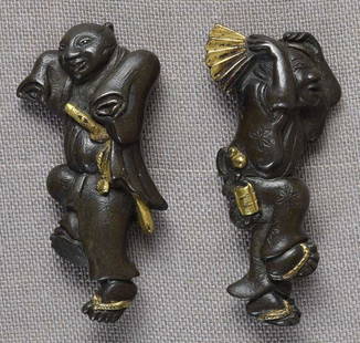 Pair 19c Japanese sword MENUKI samurai and merchant: Pair of early 19th century Japanese sword menuki depicting two dancers - a samurai with sword, and a merchant with fan. There is a nice detail for a netsuke lover - merchant is wearing an inro