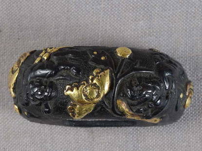 19c Japanese sword SHAKUDO KASHIRA SHISHI & peony: Early 19th century Japanese kashira (metal pommel at the end of the hilt of a sword) with relief decoration of two shishi (Buddhist lions) frolicking among huge peony flowers. Superbly made piece