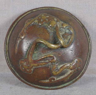 18c bronze SUIGARAAKE netsuke FLOWERING PRUNUS: Late 18th to early 19th century bronze suigaraake (ashtray) netsuke in classic bowl shape, its outside cast with a gnarled branch of a flowering prunus tree. Very well designed piece, good detailing,