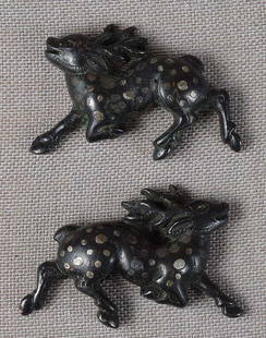 Pair 19c Japanese shakudo MENUKI DEER: Pair of 19th century Japanese sword menuki depicting running spotted deer. Excellent work with great detailing. Made out of shakudo (alloy of copper and gold) with characteristic black patination