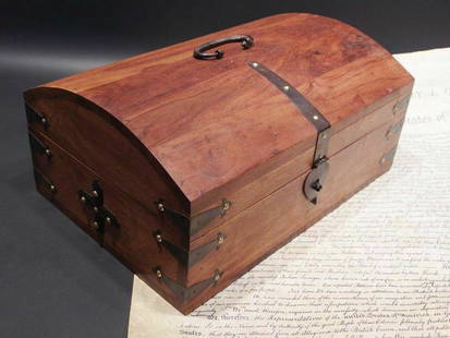 Dome Top Document Travel Writing Wood Desk Trunk Box: 14" Long x 9 1/2" Wide x 6 1/8" Tall Beautiful and creative reproduction antique box with an assortment of storage areas made from a beautiful unknown solid hardwood with a light distressed finish.