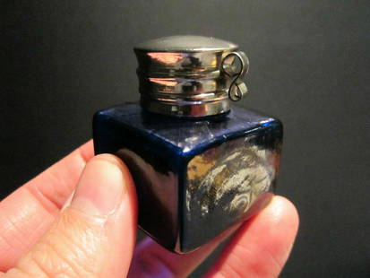 Thick Glass Square Cobalt Blue Inkwell Ink pot Bottle: Charming 1 1/2" x 1 1/2" x 1 7/8" tall Reproduction antique cobalt blue glass inkwell. Very heavy thick glass each with charming subtle signs of being hand made. The hinged shiny lid is silver plated