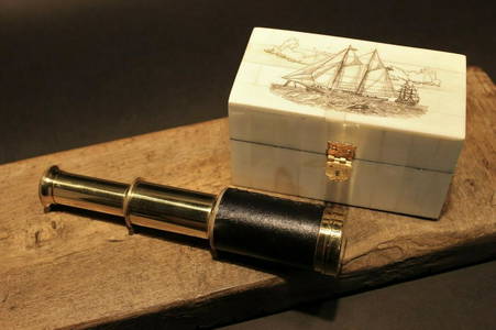 Sailboat Bone & Wood Scrimshaw Box w Telescope