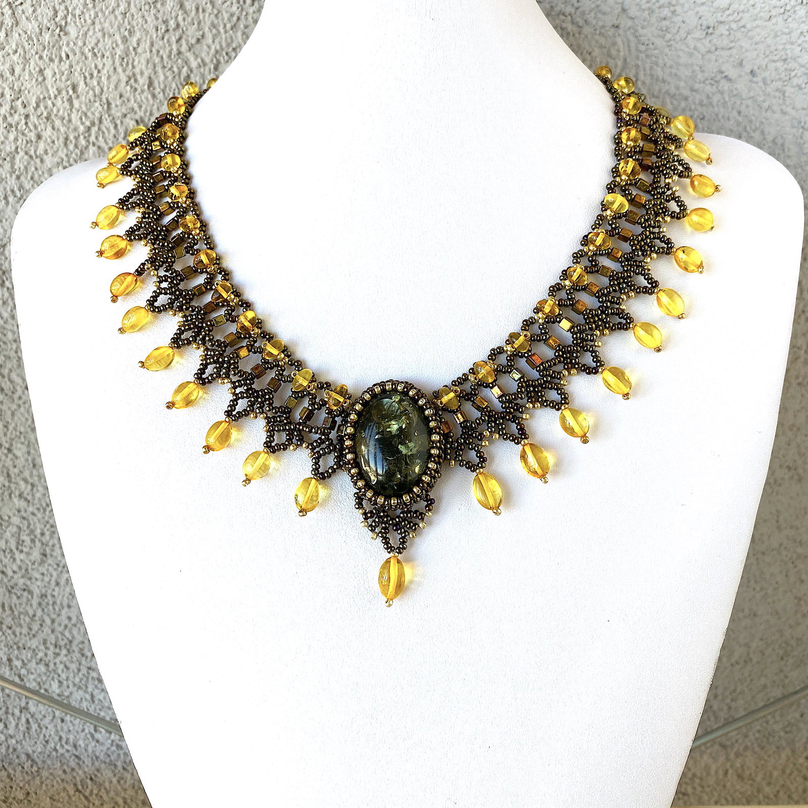 Phenomenal Vintage Amber Floral Necklace made from leaf like bead ornaments (1 of 9)