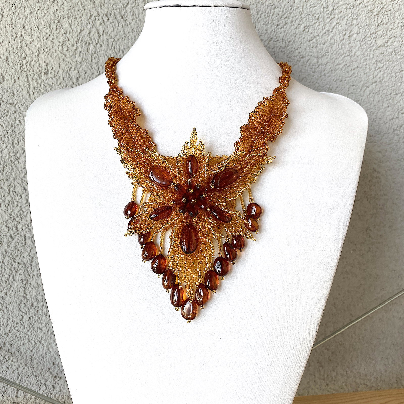 Exquisite Unique Vintage Amber Floral Necklace made from leaf like bead ornaments (1 of 9)
