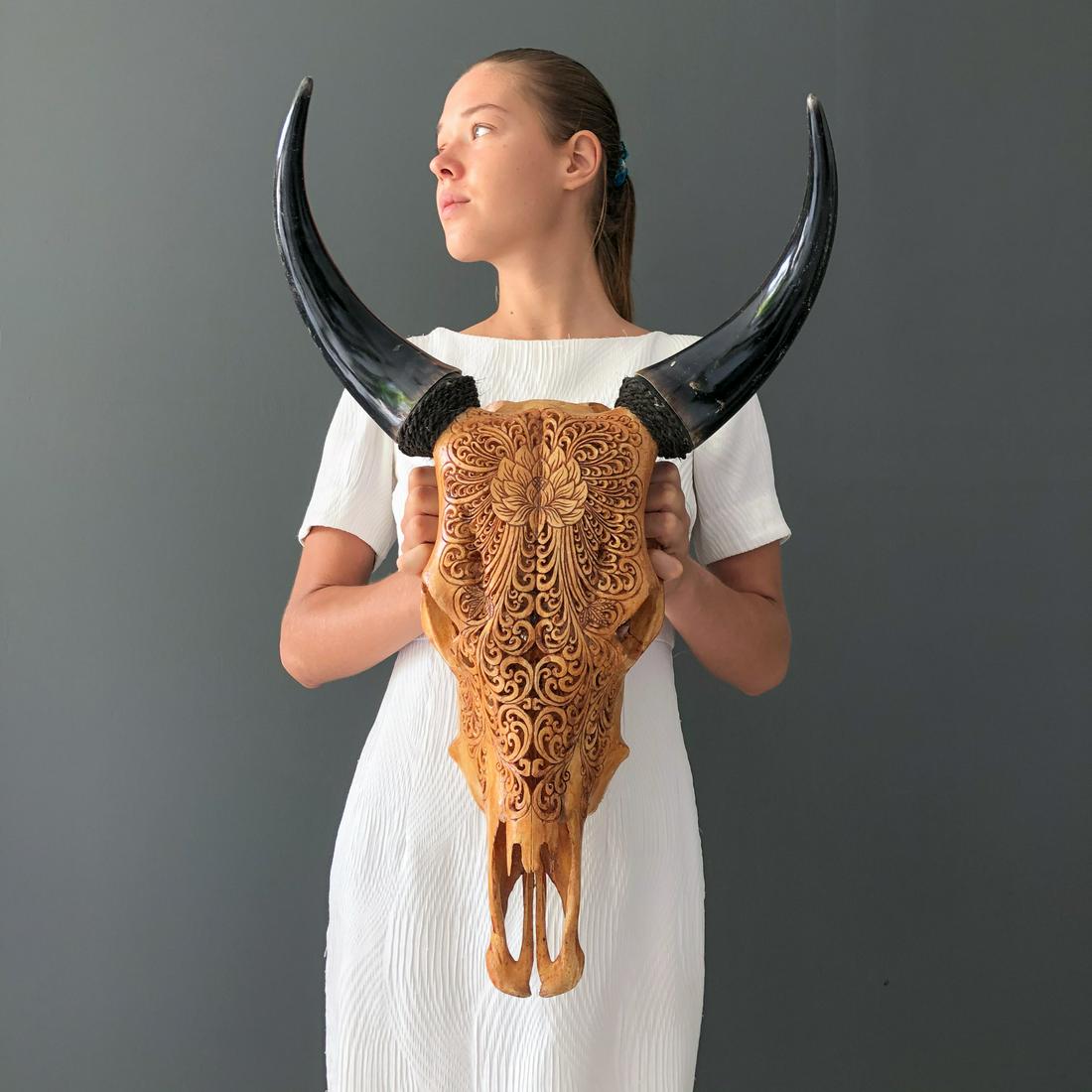 Carved Brown Cow Skull - Lotus: Title: Carved Brown Cow Skull - Lotus Maker: Unknown Origin: Indonesia Date/Period: 2021 Materials: Bone, Horn, Bos Taurus Dimensions:H: 63 cm / 24.8 inches W: 36 cm / 14.1 inches Description: This wh