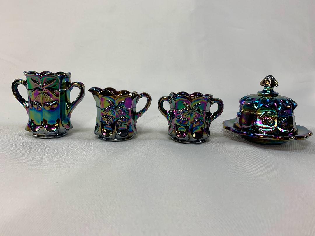 Northwood Miniature "Cherry and Cable" Service Set: Title: Northwood Miniature "Cherry and Cable" Service Set Date/Period: Early 20th century Materials: Glass Size: Additional Information: Northwood: Miniature Iridescent "Cherry and Cable" Service Set 