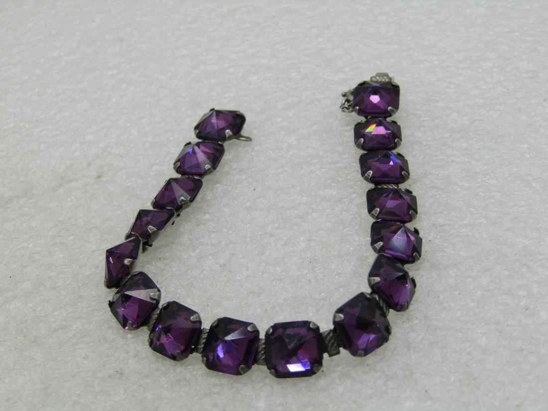 Vintage Sterling Leach & Miller Rhinestone Bracelet, Amethyst Glass, Art Deco, 6.5" (LET) (1 of 6)