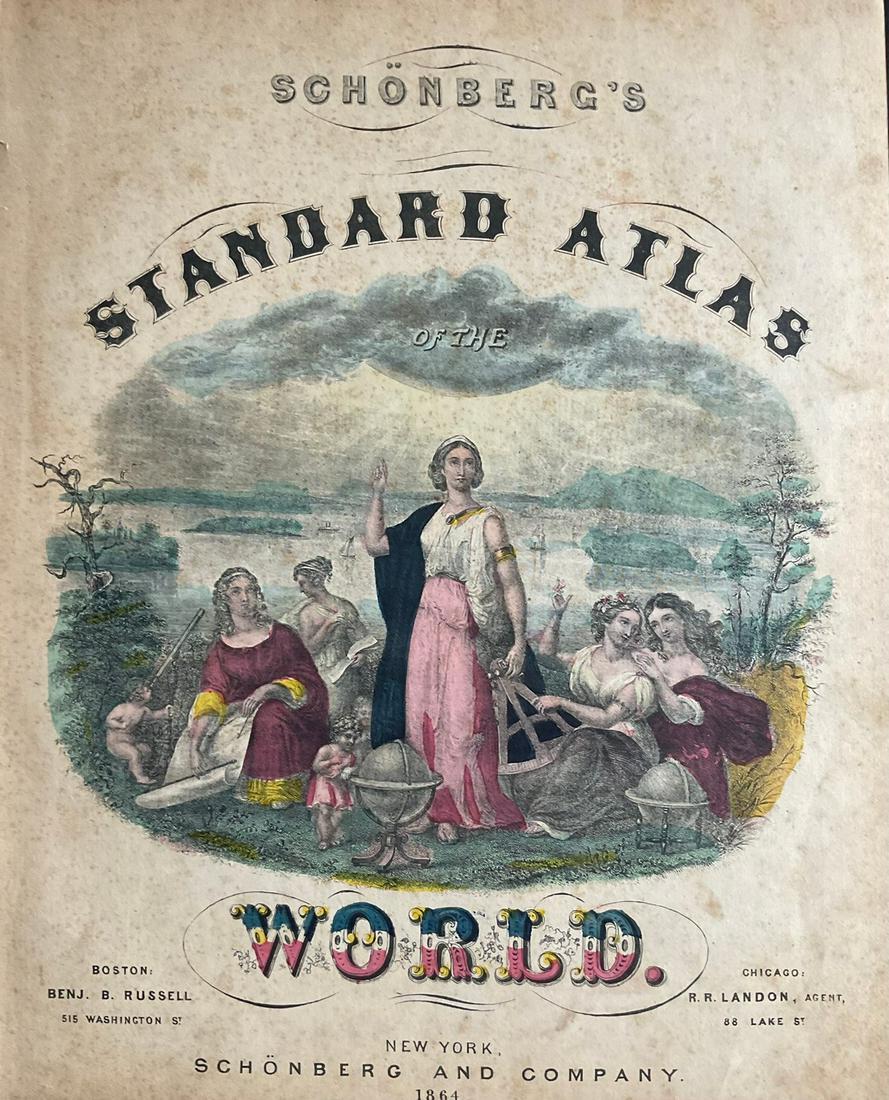 Title page of Schonberg’s 1864 atlas, 1864 scarce publication by Schonberg: Title: Title page of Schonberg’s 1864 atlas, 1864 scarce publication by Schonberg Date/Period: 1864 Materials: Hand colored steel engraved Size: 14 x 12'' 1864 uncommon civil war era map by Scho