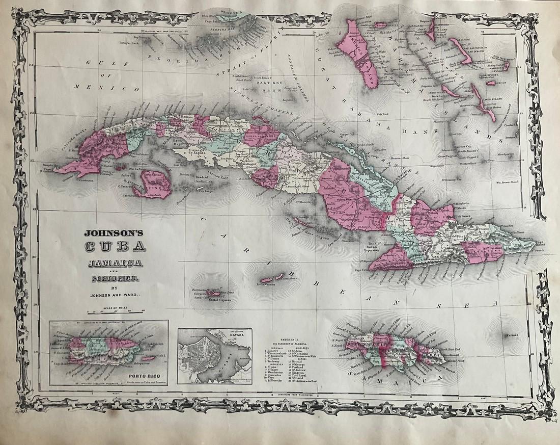 Cuba, Jamaica with inserts of Puerto Rico and Havana, 1862 by Johnson and Ward: Title: Cuba, Jamaica with inserts of Puerto Rico and Havana, 1862 by Johnson and Ward Date/Period: 1862 Materials: Steel plate engraved Size: 19" x 14" 1862 from 'Johnson's New Illustrated Family Atla