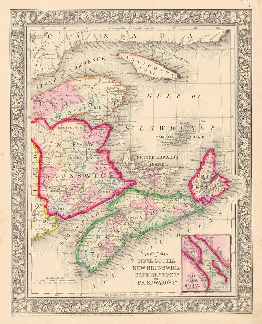 County Map of Nova Scotia New Brunswick Cape Breton Id. and Pr. Edward's Id.: Publication Date: 1865 Title: County Map of Nova Scotia New Brunswick Cape Breton Id. and Pr. Edward's Id. Cartographer: MITCHELL, SAMUEL AUGUSTUS (JR.) Publisher: S. Augustus Mitchell, Jr. Height: 13