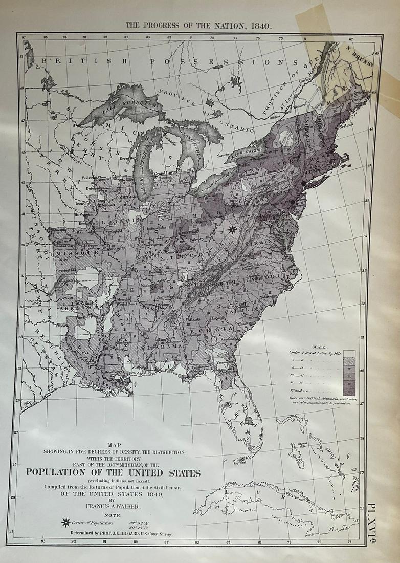 United States population progression 1790,1800,1810, 1820, four in one map, by Francis Walker: Title: United States population progression 1790,1800,1810, 1820, four in one map, by Francis Walker Date/Period: 1874 Materials: Color Lithographie printing Size: 17x21" First Statistical atlas of th