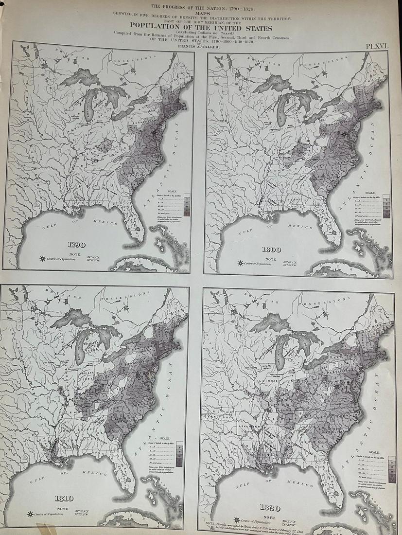 United States population progression 1790,1800,1810, 1820, four in one map, by Francis Walker: Title: United States population progression 1790,1800,1810, 1820, four in one map, by Francis Walker Date/Period: 1874 Materials: Color Lithographie printing Size: 17x21" First Statistical atlas of th