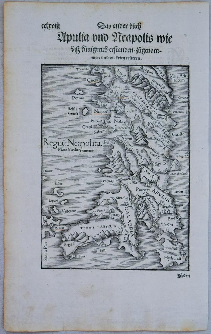 1550 Munster Map of Southern Italy or Kingdom og Naples -- Regnu Neapolita (1 of 1)