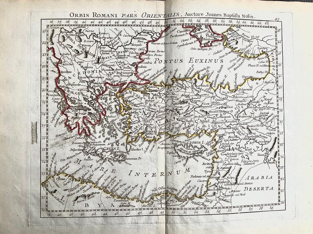 Ancient Eastern Roman Empire, 1780/81 scarce map by J. B. Nolin: Title: Ancient Eastern Roman Empire, 1780/81 scarce map by J. B. Nolin Date/Period: 1780/ 1781 Materials: Hand colored copper plate engraved Size: 14 1/2 x 10 1/4" Focus on the ancient eastern Roman E