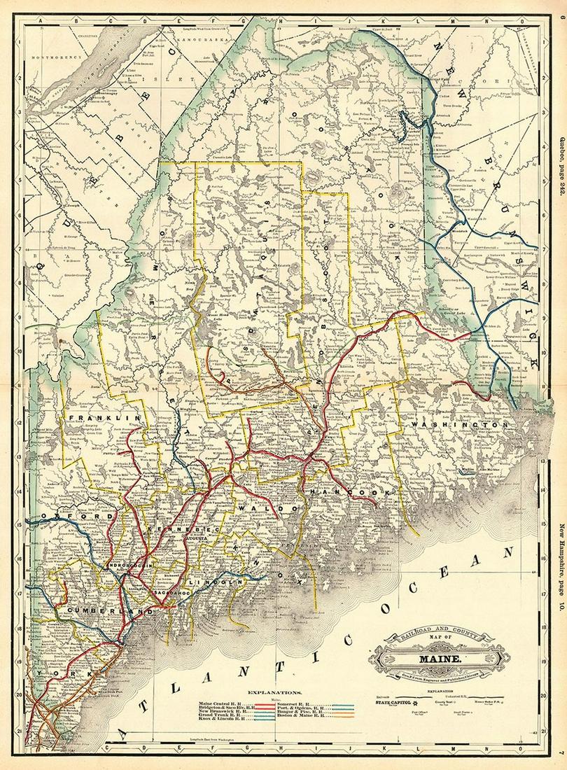 Railroad and County Map of Maine.: Publication Date: 1889 Title: Railroad and County Map of Maine. Cartographer: CRAM, GEORGE F. Publisher: GEO. F. CRAM Height: 22 Width: 15.8 Detailed state map with railroads in colors. Ornamental tit