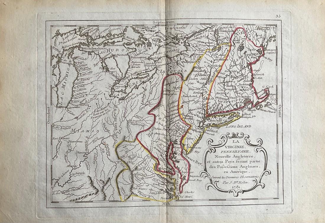 North eastern and mid Atlantic colonial America, 1780/81 scarce map by J. B. Nolin (1 of 2)