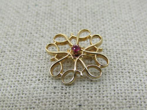 Vintage 10kt Ruby Scrolled Brooch, 3/4, Signed R, 1930's-1940's.: Vintage 10kt Ruby Scrolled Brooch, 3/4, Signed R, 1930's-1940's. Weight is appx. 1.32 gr. Ruby is appx. 2mm seed pearl. Scrolled design, slightly domed. Signed with a lowercase r. Marked 10kt and test