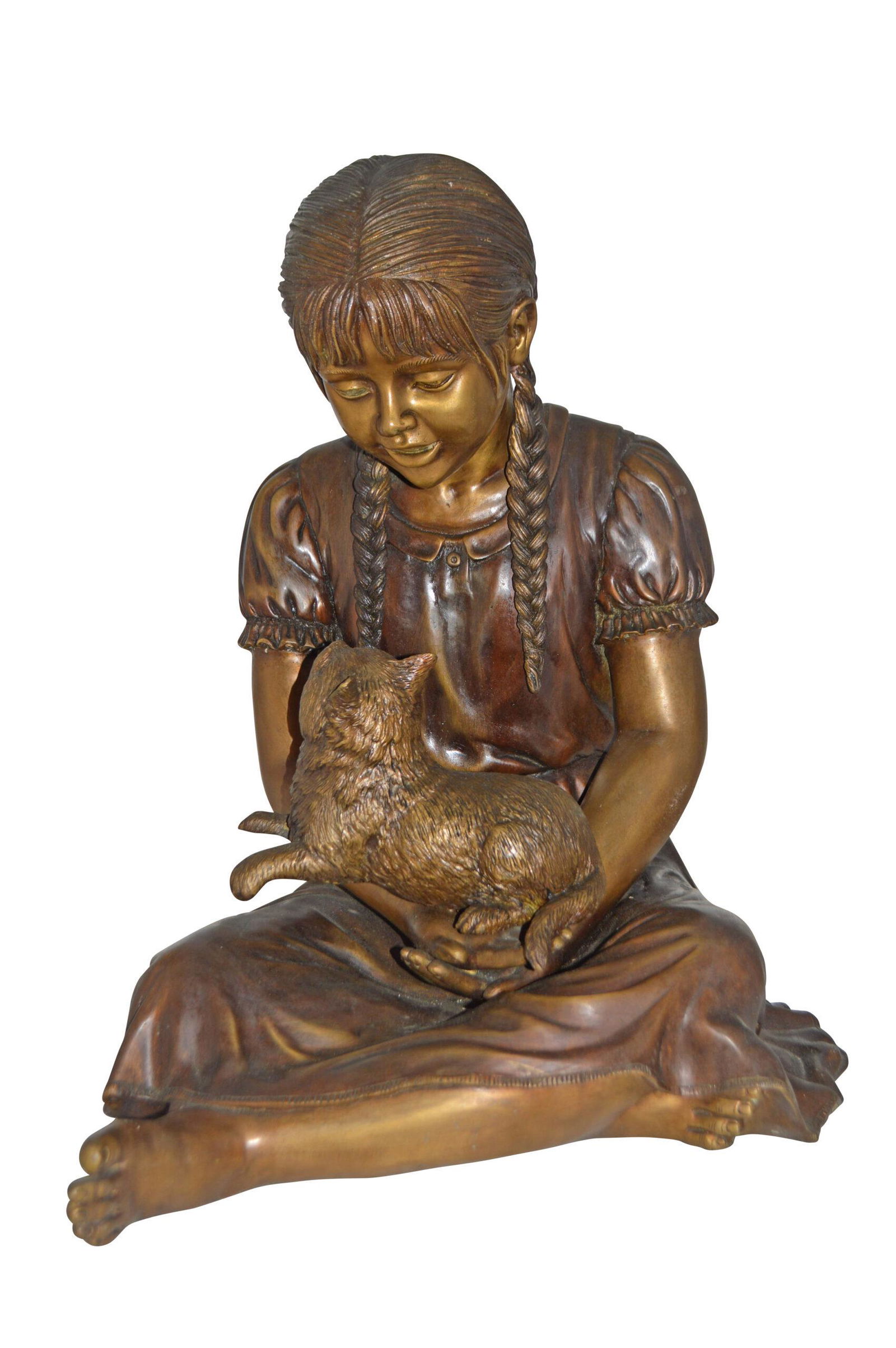 Girl Holding Her Cat Life Size Bronze Statue – Size: 23″L x 20″W x 24″H.: Title: Girl Holding Her Cat Life Size Bronze Statue – Size: 23″L x 20″W x 24″H. Description: This charming life size statue depicts a little girl playing outside with her cat.