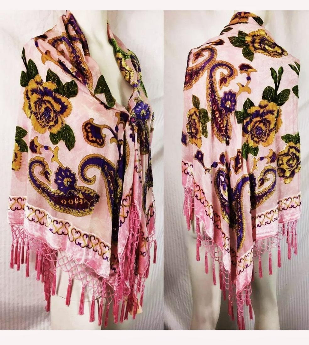 Vtg Cut Burnout velvet beaded Piano/Gypsy Shawl Beaded: This is a Stunning work of Art. A 1980's Piano/Gypsy Shawl in Burnout Velvet and Hand beaded Fringes and all over with some sequins. Pinks & Purples It is a Stunner 42"X42" Excluding Fringes Fringes-5