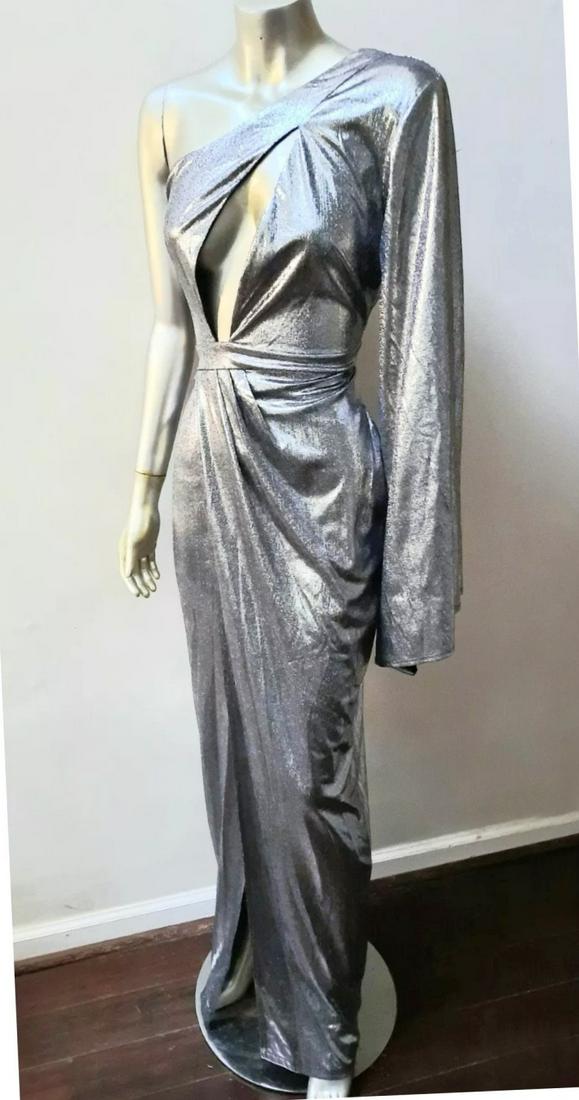 Vtg Metallic High Split wrap Maxi dress bell sleeve: Vintage from the 1970s Materials: Metallic Fabric, Silver, 1970 Maxi dress Size: m us women's letter Description Cutout plunging neckline . One shoulder wide bell sleeve. High opening Semi sheer faux 