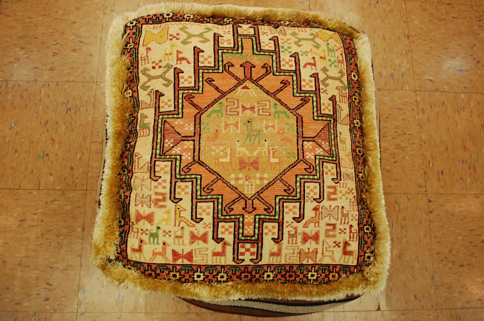 silk sumak kilim Rug Wool cushion 1.8x1.8x1.3: Title: silk sumak kilim Rug Wool cushion 1.8x1.8x1.3 Description: never used, hand sewn inscribed cushion made by ailk sumak kilim rug 1'8"x 1'.8" x1'4" silk woven on silk foundation made to last for 