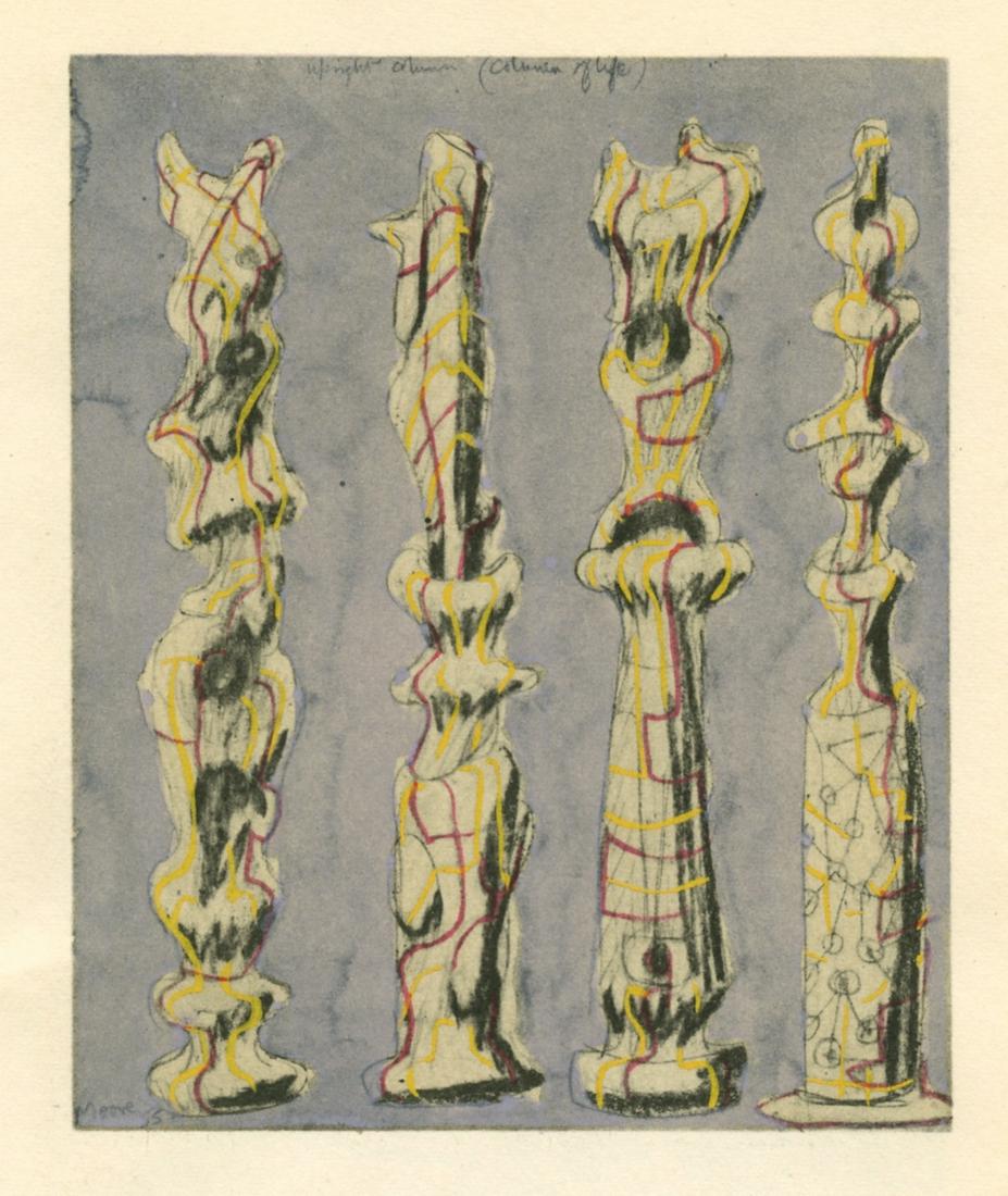 Henry Moore pochoir "Motif vertical": Medium: pochoir (after the watercolor). Printed in Paris in 1957 at the atelier of Daniel Jacomet, and published by the Berggruen Gallery for a rare catalogue. Image size: 4 5/8 x 3 7/8 inches (118 x