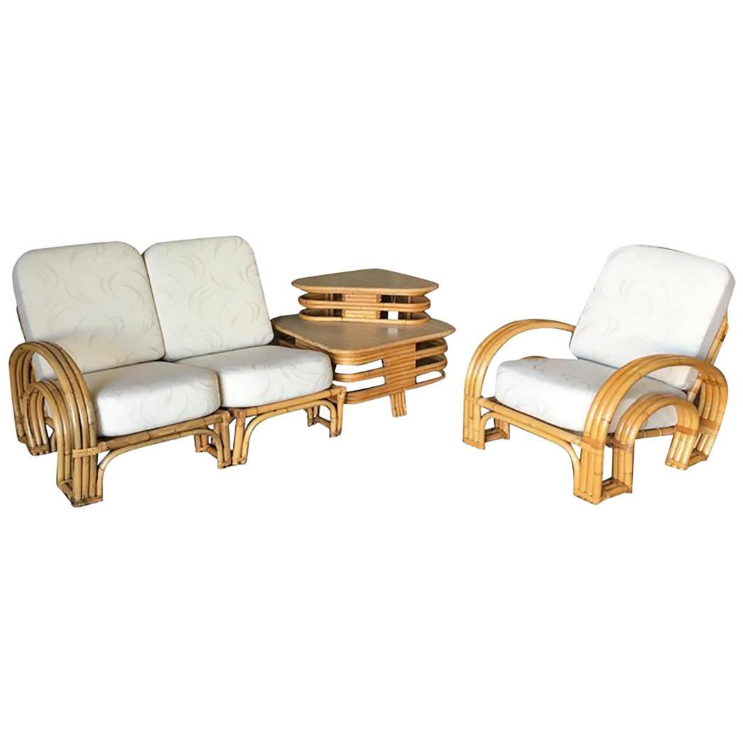 Restored "Double Horseshoe" Rattan Sofa, Table and Chair Living-Room Set: Title: Restored "Double Horseshoe" Rattan Sofa, Table and Chair Living-Room Set Additional Information: Rare "Double Horseshoe" arm rattan 2-seat sectional loveseat with large 2 tier side table apart