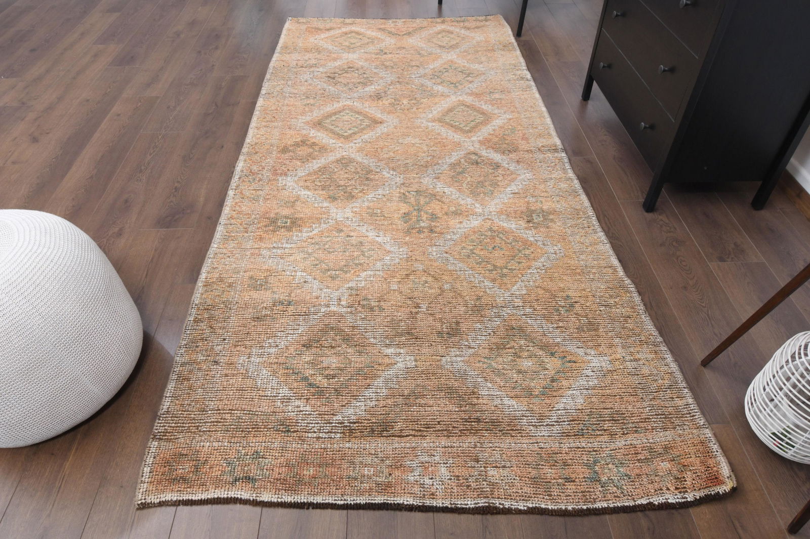 3x10 Turkish Antique Runner: Title: 3x10 Turkish Antique Runner Origin: Turkey Date/Period: 1960 - 1970 Materials: Wool and Cotton Size: Length: 9.9 feet Width: 2.6 feet Description: This Turkish one-of-a-kind Vintage Rug is hand
