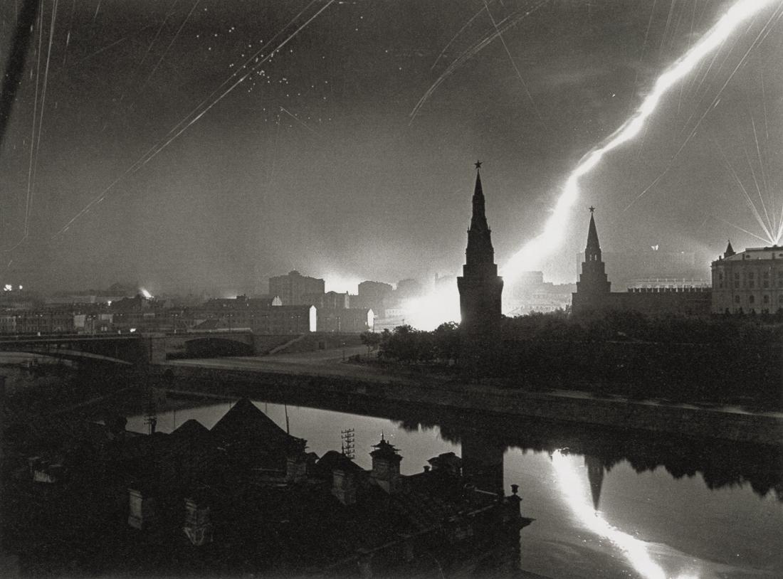 MARGARET BOURKE-WHITE - Bombardment of Moscow, 1941: Artist: Margaret Bourke-White Title: Bombardment of Moscow, 1941 Medium: Photo Litho, 2012, Italy Dimensions: 8.9x6.6" Description: Heat Wax Mounted on 8.5x11" Conservation Board Artist Bio: Margaret 