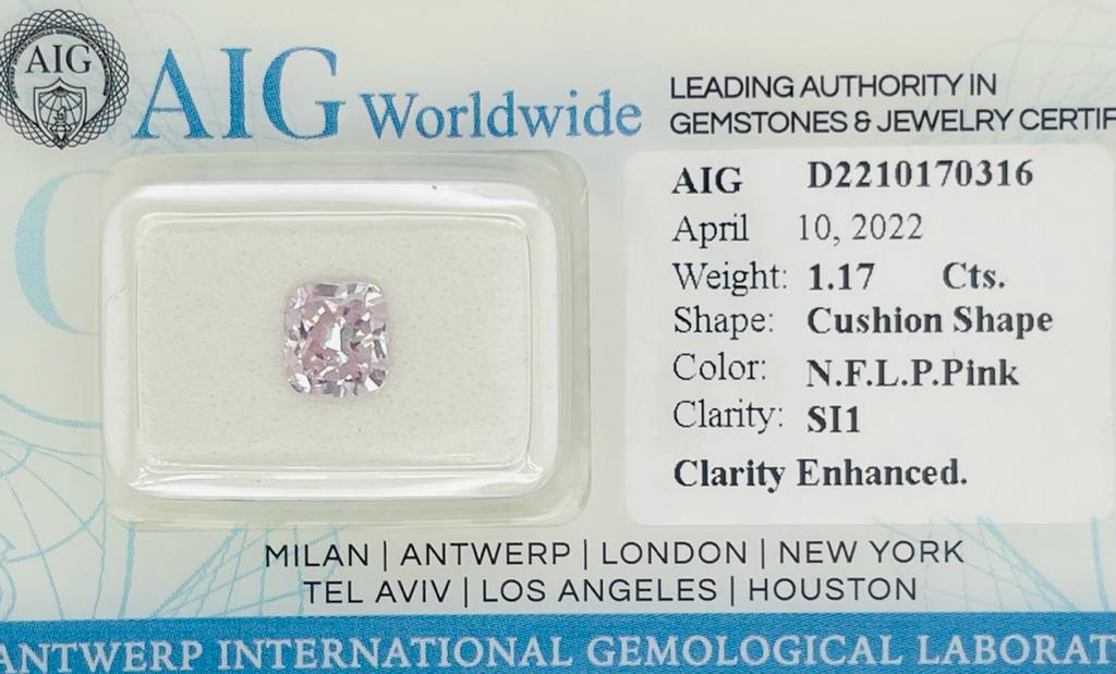 NATURAL DIAMOND 1.17CT RADIANT COLOR: NATURAL FANCY LIGHT PURPLE PINK CLARITY:SI1 CARTIFICATE AIG (1 of 6)