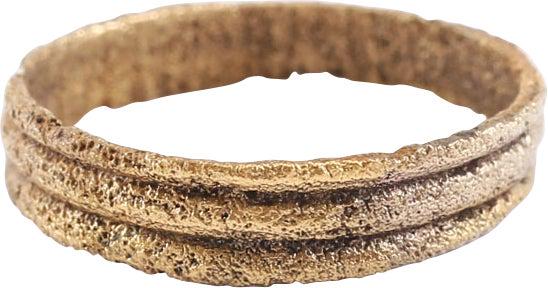 VIKING WOMAN'S WEDDING RING, 850-1050 AD, SZ 3 1/2: Late 9th-early 11th century AD. Gilt bronze, size 3 1/2 for the small finger as was the custom. Medium width 3mm, in three raised bands. Professionally refurbished with the 24karat gold overlay restor
