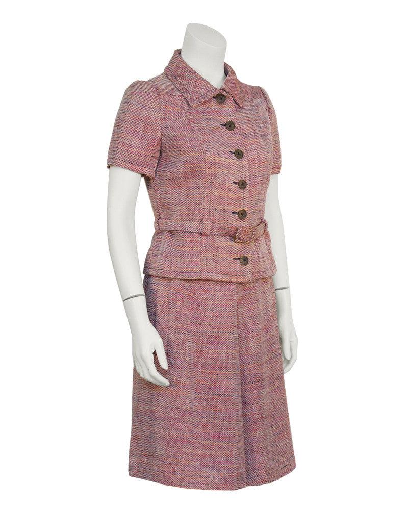 Guy Laroche : Red Tweed Skirt Suit: 1960’s Guy LaRoche red, pink, orange and blue rayon tweed short sleeved skirt suit. The jacket features a fully adjustable belt at the waist with pewter metal buttons down the front. Skirt has a