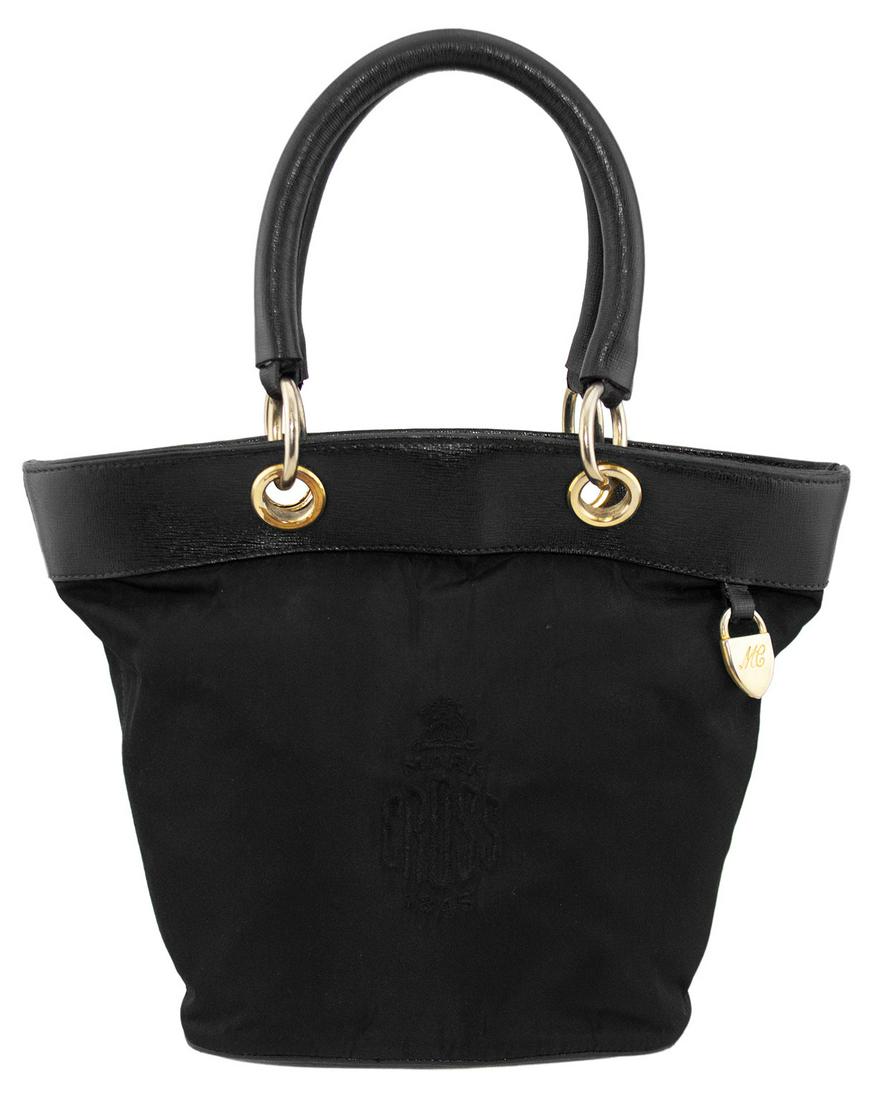 Mark Cross: Black Nylon Bucket Bag: Very cute Mark Cross double handle bucket bag from the late 1980s. Black nylon with Mark Cross logo embroidered at centre front. Black leather handles, trim and base. Contrasting gold tone hardware an