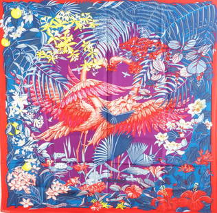 Hermes Scarf/Foulard - Flamingo Party - Excellent condition: Description: The Herm&#232;s scarf "Flamingo Party" was designed in 2015 by Laurence Bourthoumieux. The scarf is in excellent condition - new, unused with no signs of wear at all. The Arfon dictionary