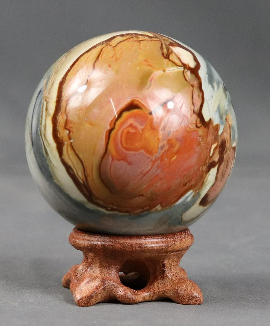 Outstanding polychrom jasper sphere on elegant wood base (1 of 8)