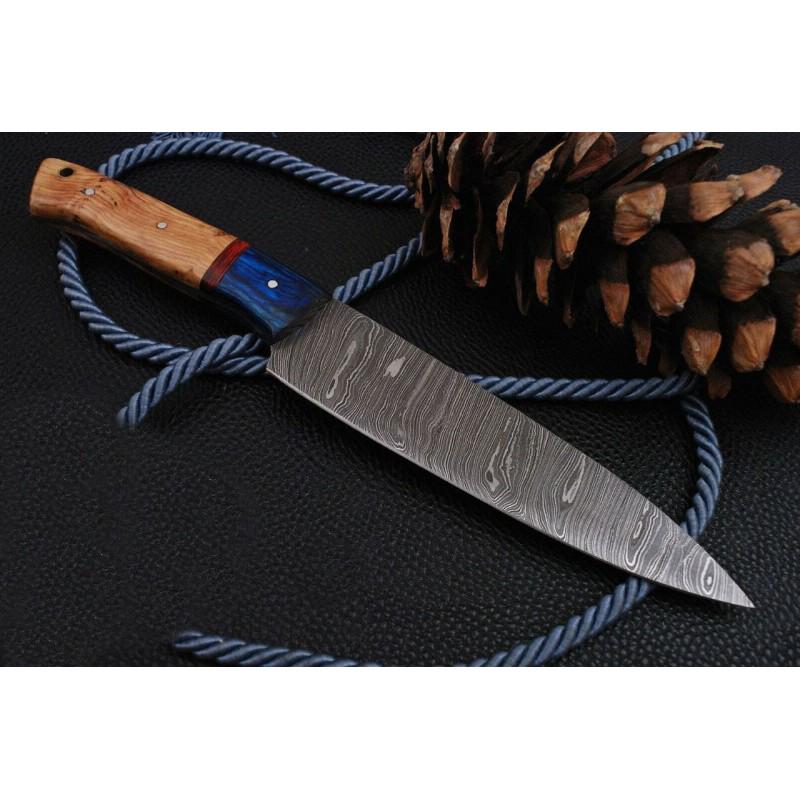 Everyday cary kitchen hunting damascus steel knife wood: Blade - damask steel Handle – wood Leather sheath – not included Blade hardness – 55-58 HRC Total length – 11,5 (inch) Blade length - 7 (inch) Blade Thickness – 3-4 mm Kn