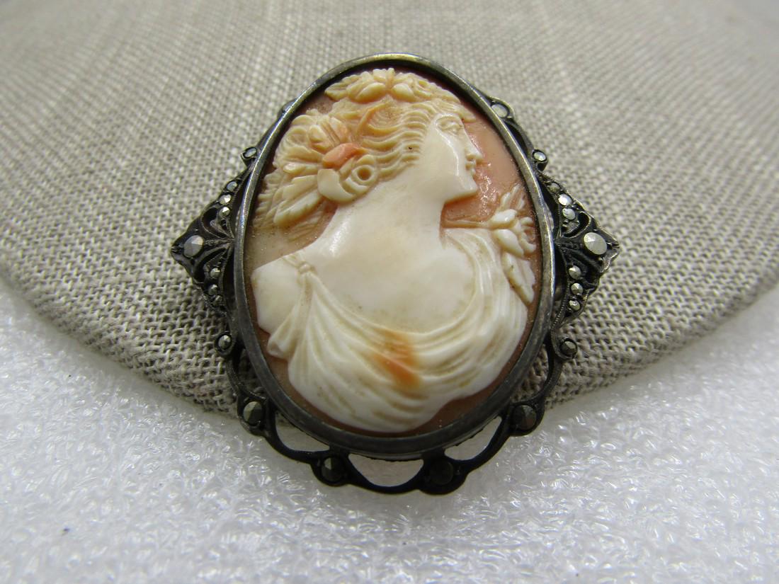 Vintage .800 or Sterling Shell Cameo Marcasite Brooch, 1 5/8" (1 of 5)