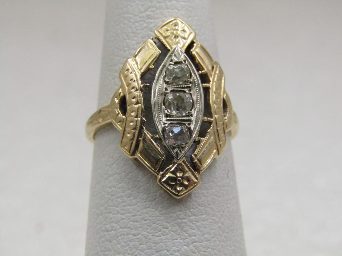 Antique 14kt Old Mine Cut Diamond Ring, Sz. 5, 1800's-1910: Antique 14kt Old Mine Cut Diamond Ring, Sz. 5, 1800's-1910 is the estimate of it's age. It has three diamonds set down the center in 14kt white gold. These are old cut with irregular cut and table. Th
