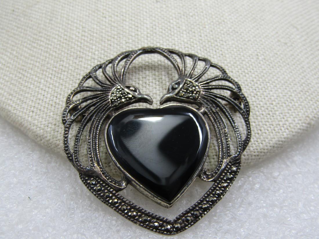 Vintage Stering Double Bird Heart Onyx Marcasite Brooch, Signed: Vintage Stering Double Bird Heart Onyx Marcasite Brooch, Signed CW. Two birds facing each other at the top of the heart and wrapping around the sides and top of the brooch with their wings froming the