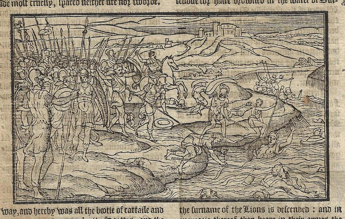 1577 Leaf Scotland Woodcut Battle Roxbourgh: Title: 1577 Leaf Scotland Woodcut Battle Roxbourgh Additional Information: A leaf from Holinshed Historie of Scotland printed at London in 1577 with woodcut of a battle on one side and the burning of 