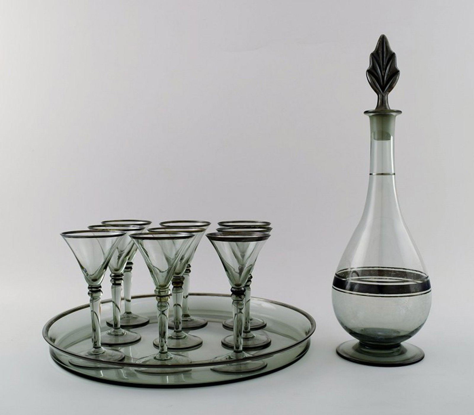 SIMON GATE for Orrefors, Art deco art glass 9p. Liqueur set with decanter on tray.: Title: SIMON GATE for Orrefors, Art deco art glass 9p. Liqueur set with decanter on tray. Brand: Orrefors Additional Information: SIMON GATE for Orrefors, Art deco art glass 9p. Liqueur set with decan