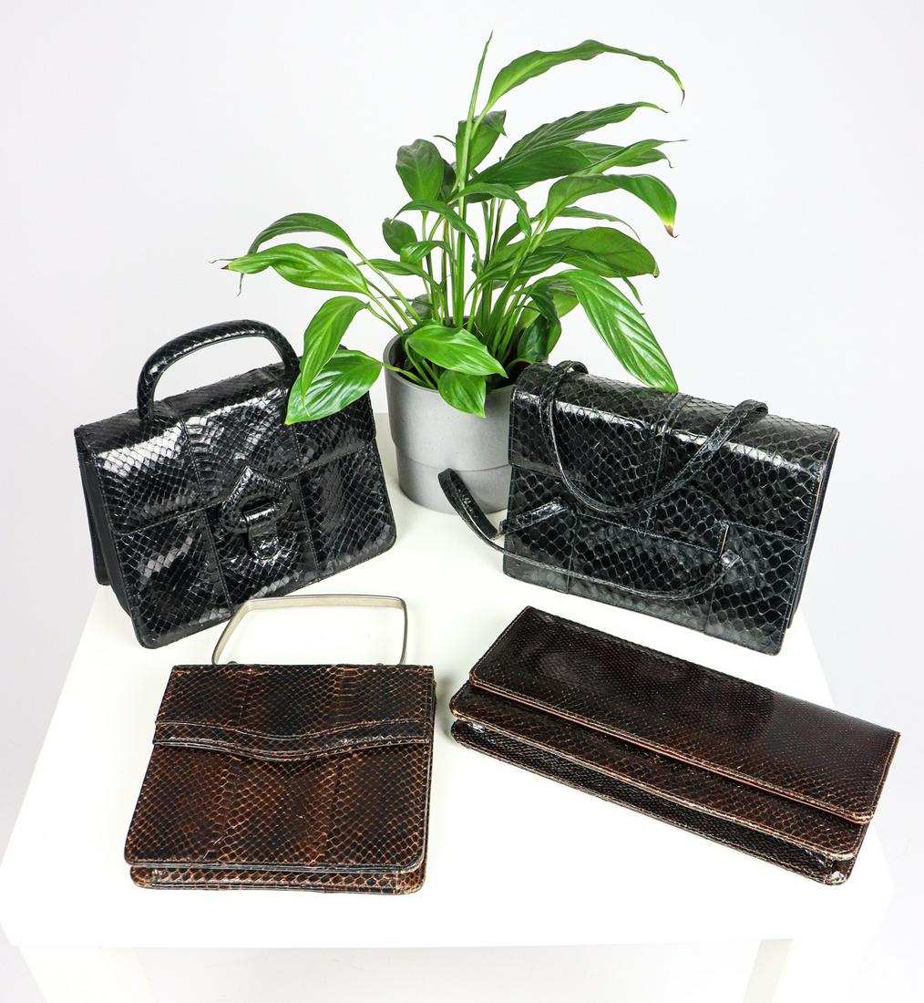 COLLECTION OF 4 BROWN & BLACK REAL SNAKE SKIN BAGS: Title: COLLECTION OF 4 BROWN & BLACK REAL SNAKE SKIN BAGS Size/Dimension: Set of 4 real vintage brown and black snake skin bags; Additional Information: We offer in house shipping - Fedex shipping = $