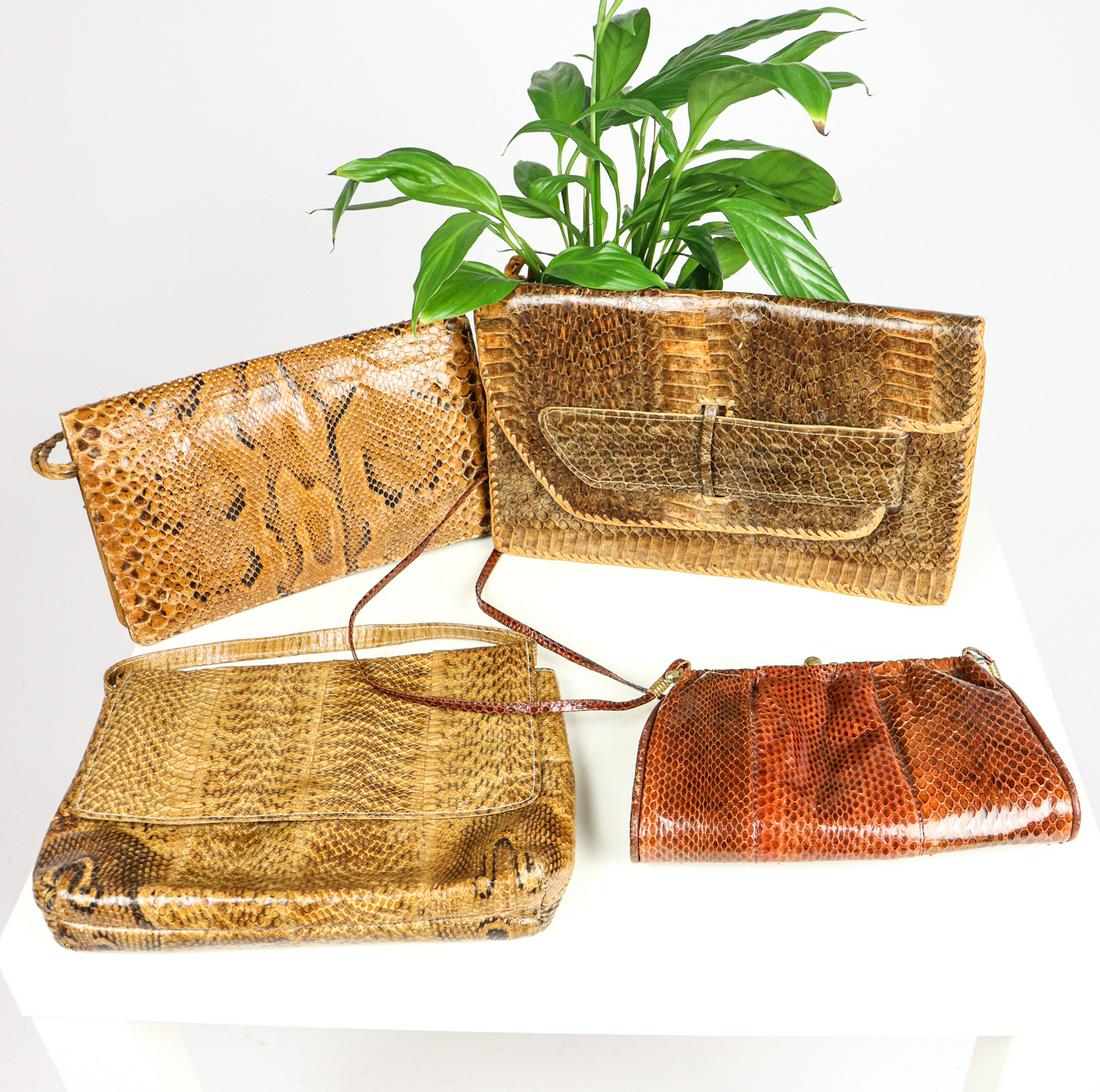 COLLECTION OF 4 LIGHT BROWN REAL SNAKE SKIN BAGS: Title: COLLECTION OF 4 LIGHT BROWN REAL SNAKE SKIN BAGS Size/Dimension: Set of 4 real vintage real snake skin bags; Additional Information: We offer in house shipping - Fedex shipping = $55; 7-10worki
