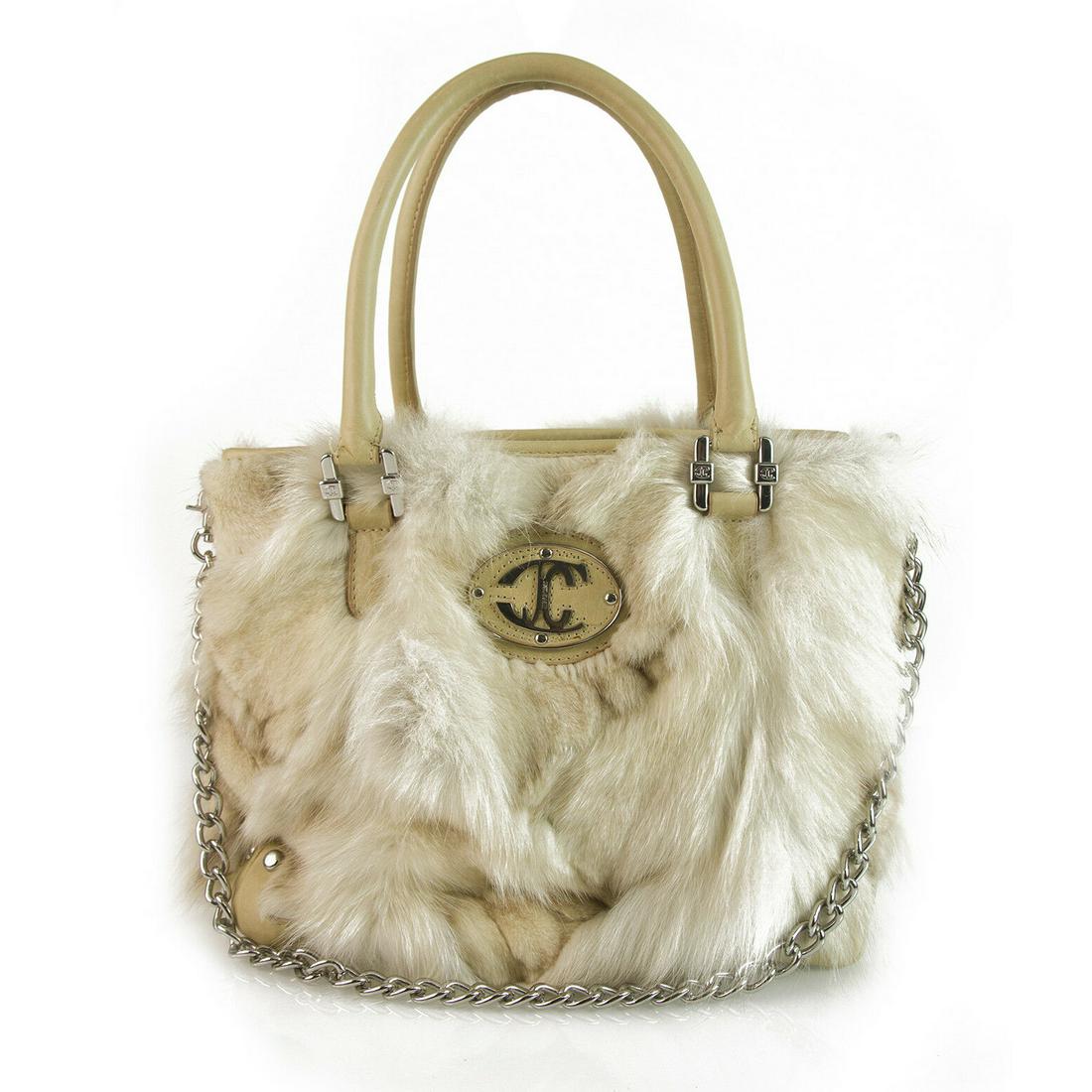 Just Cavalli Beige Genuine Fur & Leather Grab Bag Handbag Chain Shoulder Strap: Just Cavalli Beige Genuine Fur & Leather Grab Bag Handbag Chain Shoulder Strap This Just Cavalli bag is a medium sized bag crafted from beige genuine fur and leather and adorned with detachable silver