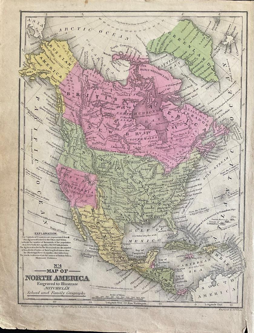 North America, 1846. By Mitchell: Title: North America, 1846. By Mitchell Date/Period: 1846 Materials: Hand colored engraved Size: 11 1/2 x9" Interesting maps gives a impression of a independent upper California region. While dated 18