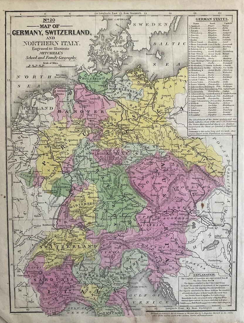 German States Pre unification, Austria, Czechia, Switzerland and northern Italy. 1846 by Mitchell: Title: German States Pre unification, Austria, Czechia, Switzerland and northern Italy. 1846 by Mitchell Date/Period: 1846 Materials: Hand colored engraved Size: 11 1/2 x9" Detailed maps shows the var