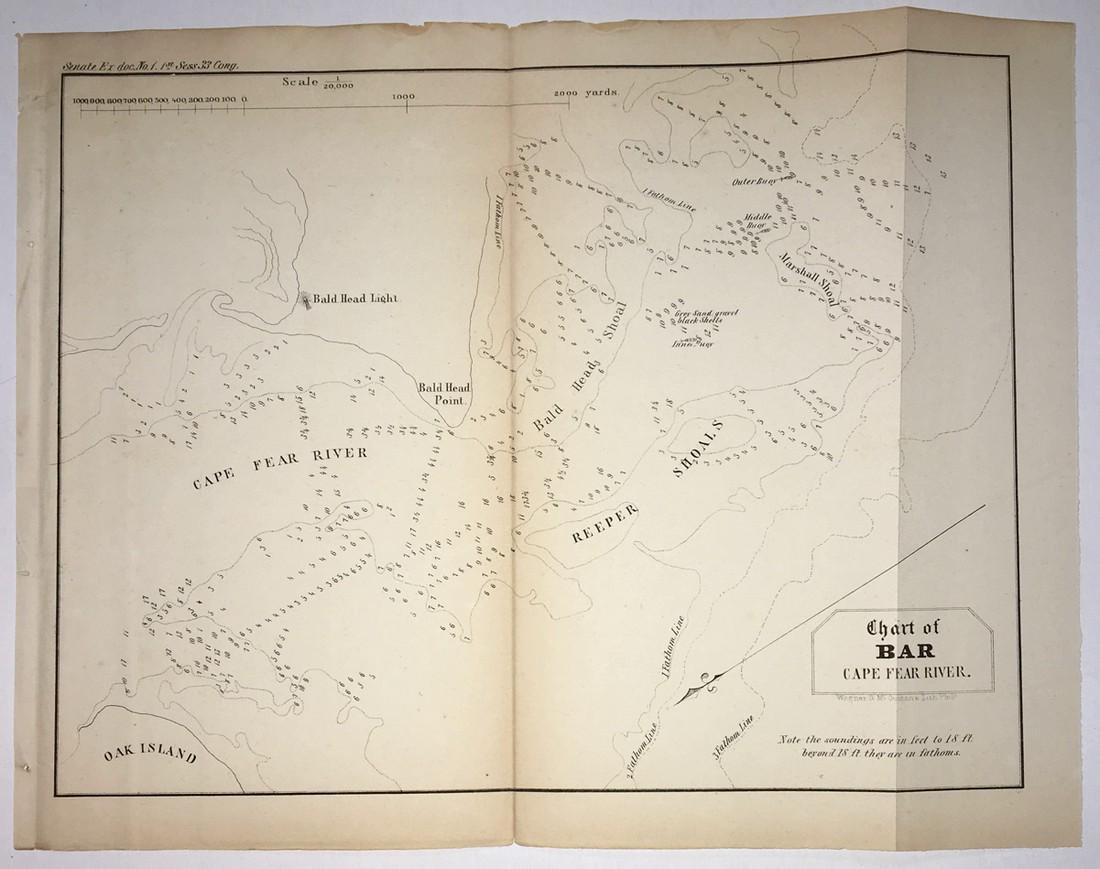 Chart of Bar Cape Fear River.: Title: Chart of Bar Cape Fear River. Date: 1854 Cartographer: ANONYMOUS Publisher: U.S. SENATE Description: Soundings. (33rd Cong. 1st sess. Senate. Ex.Doc.No1) Fold browning. Height: 8.25 Width: 10.3