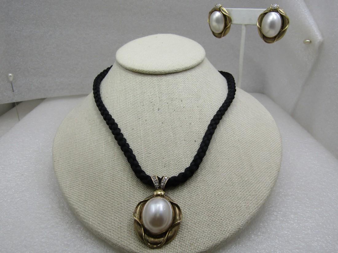 Vintage 14kt Mabe Pearl & Diamond Necklace & Earrings Set, 19" (1 of 8)